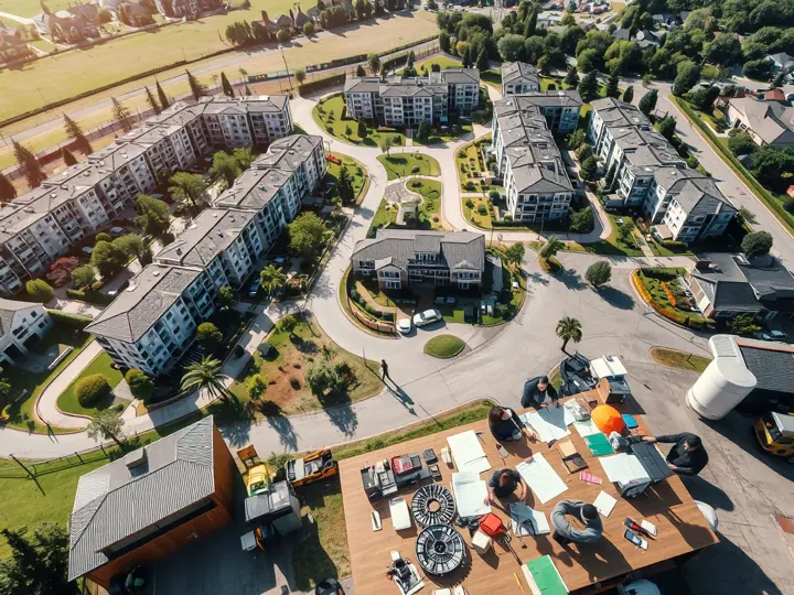 某大型住宅社区全景，楼栋整齐，绿化良好