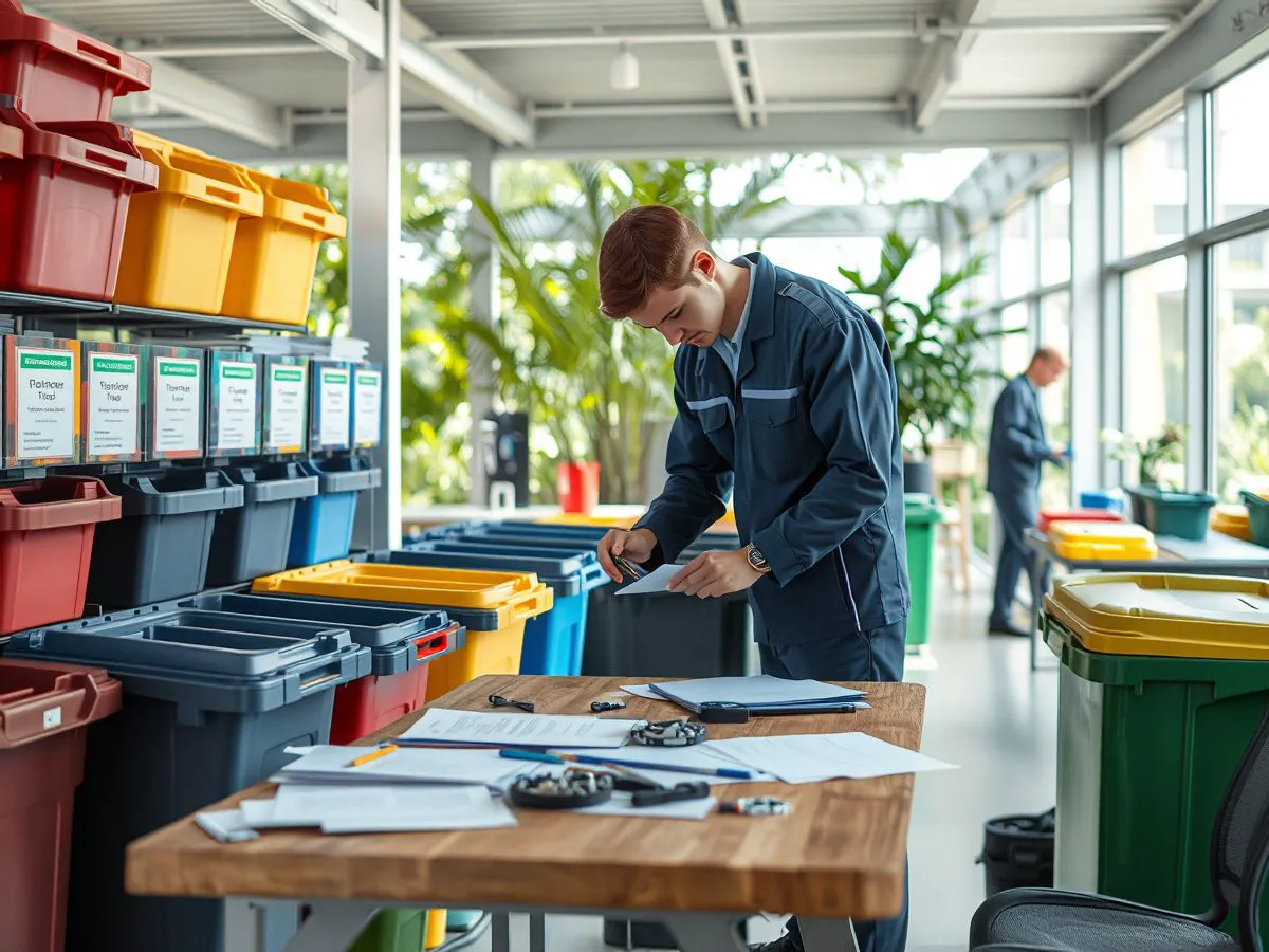 社区垃圾分类站，工作人员正在检查分类垃圾桶